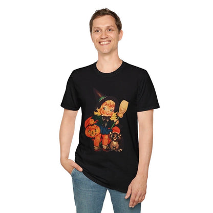 Halloween Vintage Young Witch With Black Cat T-Shirt, Vintage Halloween Shirt, Vintage Halloween Illustration Tee, Vintage Halloween Top