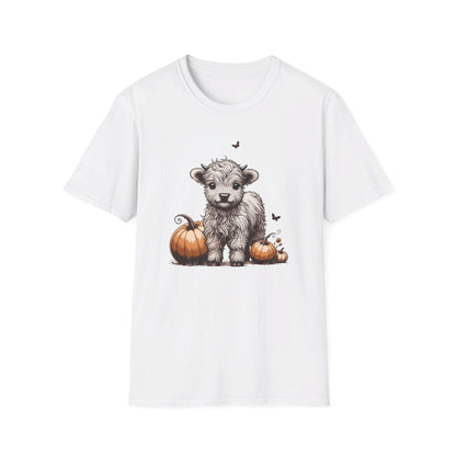 Cute Baby Highland Cow with Pumpkins T-Shirt, Cute Cow Shirt, Viral T-Shirt, Baby Cow Shirt, Highland Calf Shirt, Calf with Pumpkins Fall
