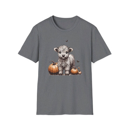 Cute Baby Highland Cow with Pumpkins T-Shirt, Cute Cow Shirt, Viral T-Shirt, Baby Cow Shirt, Highland Calf Shirt, Calf with Pumpkins Fall