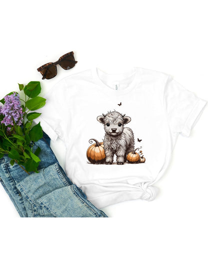 Cute Baby Highland Cow with Pumpkins T-Shirt, Cute Cow Shirt, Viral T-Shirt, Baby Cow Shirt, Highland Calf Shirt, Calf with Pumpkins Fall