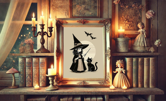 Halloween Vintage Young Witch Practicing Spells Art Print, Vintage Halloween, Vintage Halloween Illustration, Black Cat, Witch Casting Spell