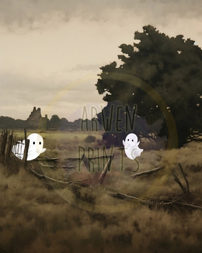 Halloween Cute Ghost In Field Wall Decor, Fall Decor, Halloween Boho Set of 6 Prints