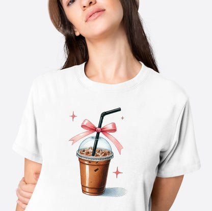 Iced Coffee Watercolor T-Shirt, Coffee with Pink Bow T-Shirt, Coffee Girly Shirt