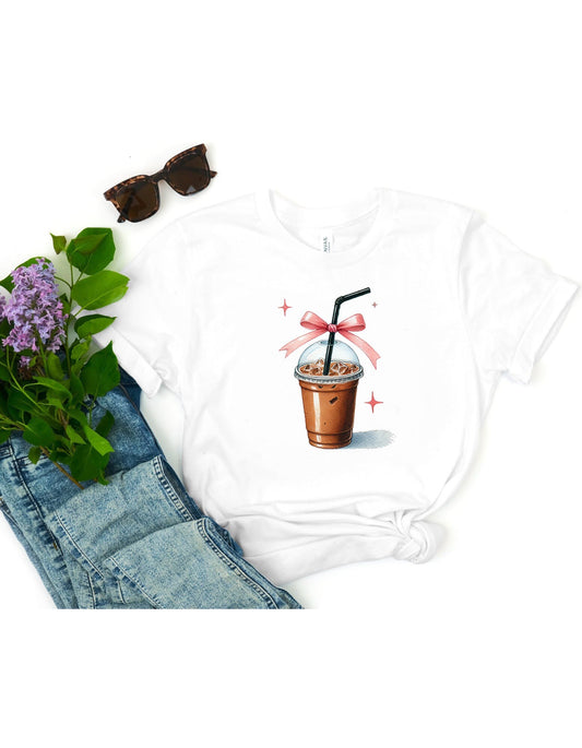 Iced Coffee Watercolor T-Shirt, Coffee with Pink Bow T-Shirt, Coffee Girly Shirt