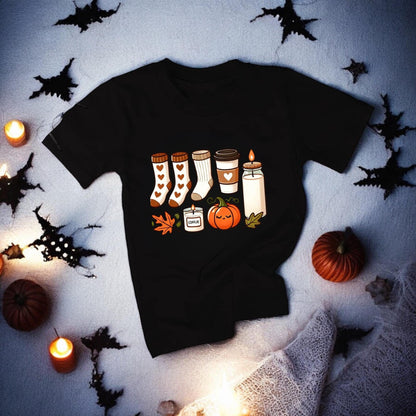 Pumpkin, Candle, Coffee & Leaf Print T-Shirt - Cute Halloween Shirt - Halloween Shirt - Trick or Treat Shirt, Pumpkin