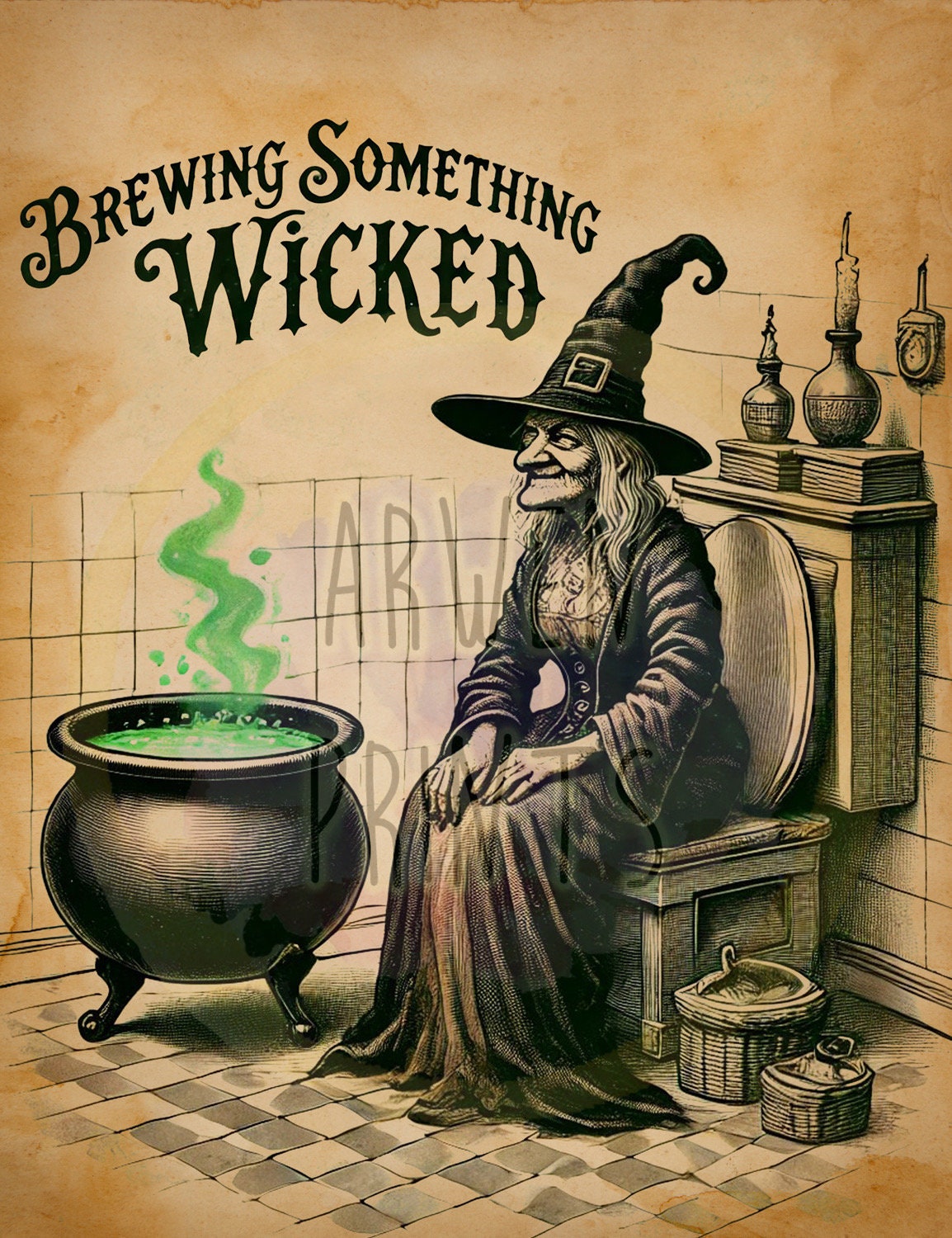 Witch on the Toilet Art Print, Halloween Witch Bathroom Art, Funny Bathroom Print, Funny Bathroom Decor, Halloween Themed Bathroom Wall Art