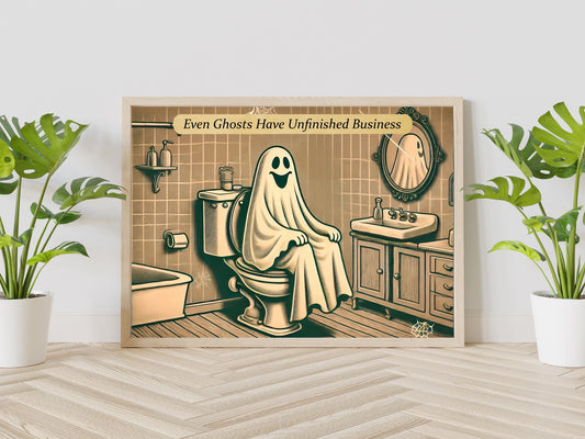 Ghost on Toilet Art Print, Even Ghosts Have Unfinished Business, Halloween Ghost Bathroom Art, Funny Bathroom Print, Ghost Bathroom Decor