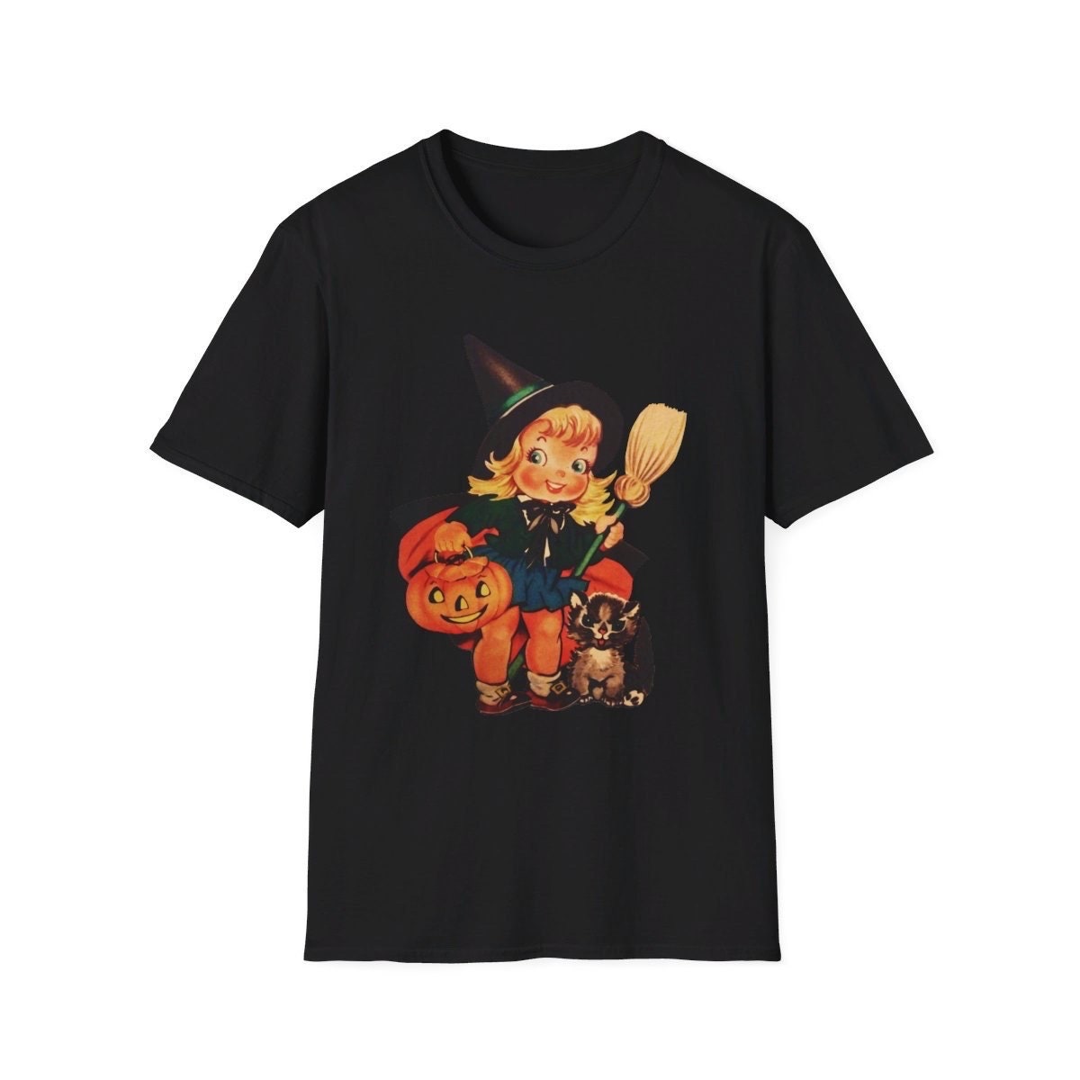 Halloween Vintage Young Witch With Black Cat T-Shirt, Vintage Halloween Shirt, Vintage Halloween Illustration Tee, Vintage Halloween Top