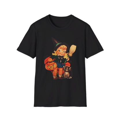 Halloween Vintage Young Witch With Black Cat T-Shirt, Vintage Halloween Shirt, Vintage Halloween Illustration Tee, Vintage Halloween Top