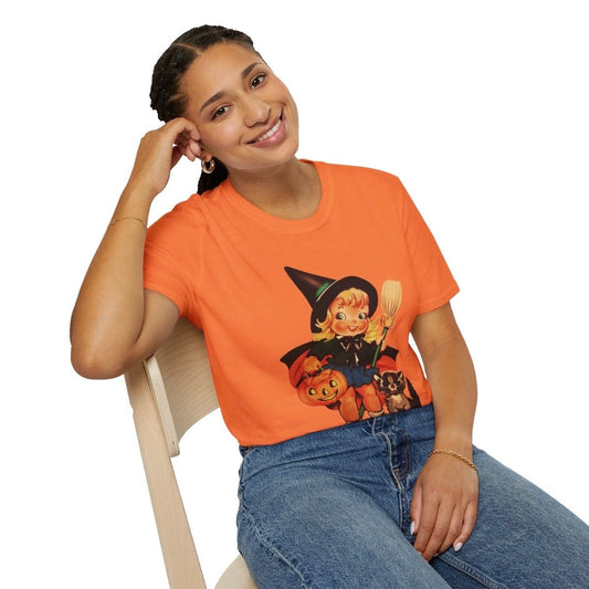Halloween Vintage Young Witch With Black Cat T-Shirt, Vintage Halloween Shirt, Vintage Halloween Illustration Tee, Vintage Halloween Top