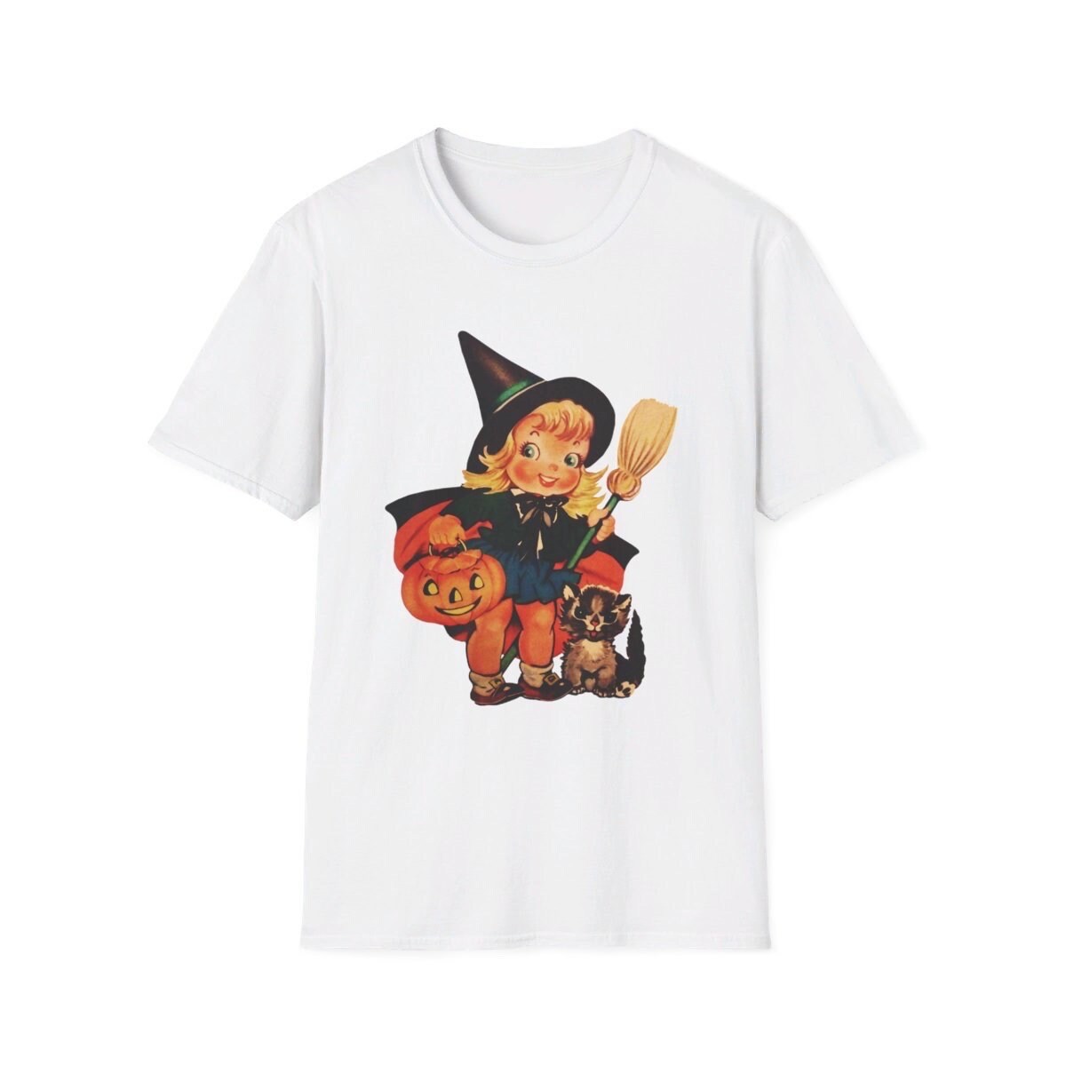 Halloween Vintage Young Witch With Black Cat T-Shirt, Vintage Halloween Shirt, Vintage Halloween Illustration Tee, Vintage Halloween Top