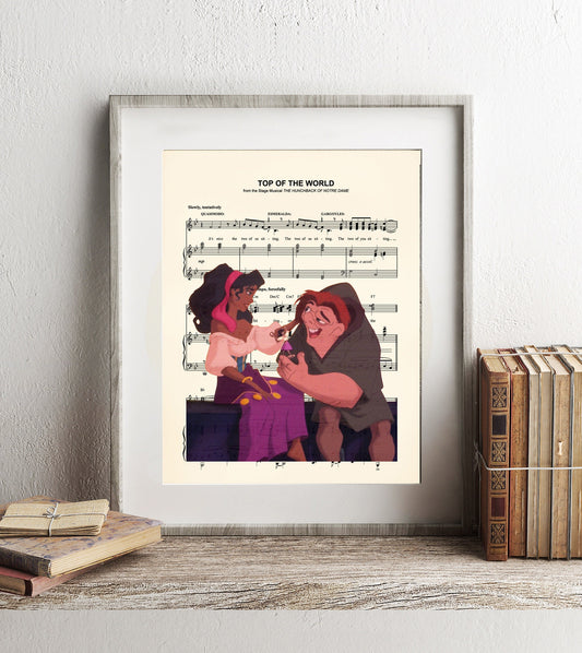 Hunchback of Notre Dame Quasimodo and Esmeralda Top of the World Sheet Music Art Print