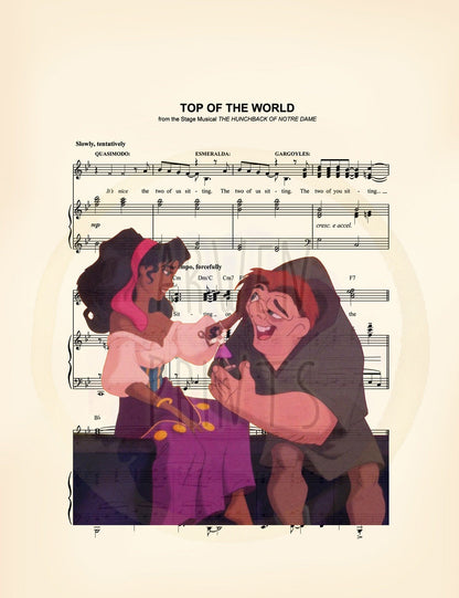 Hunchback of Notre Dame Quasimodo and Esmeralda Top of the World Sheet Music Art Print