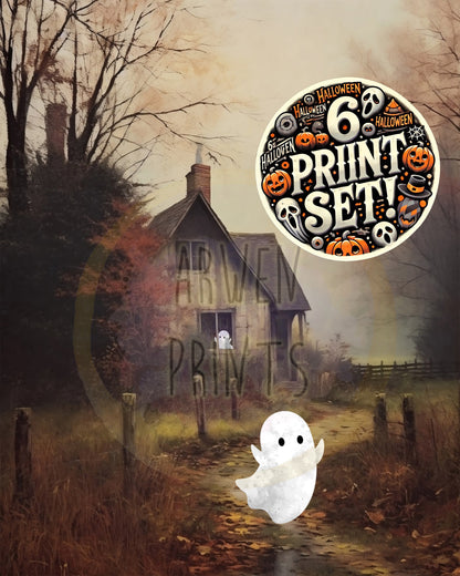 Halloween Cute Ghost In Field Wall Decor, Fall Decor, Halloween Boho Set of 6 Prints