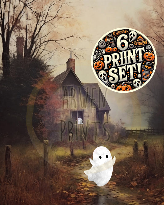 Halloween Cute Ghost In Field Wall Decor, Fall Decor, Halloween Boho Set of 6 Prints