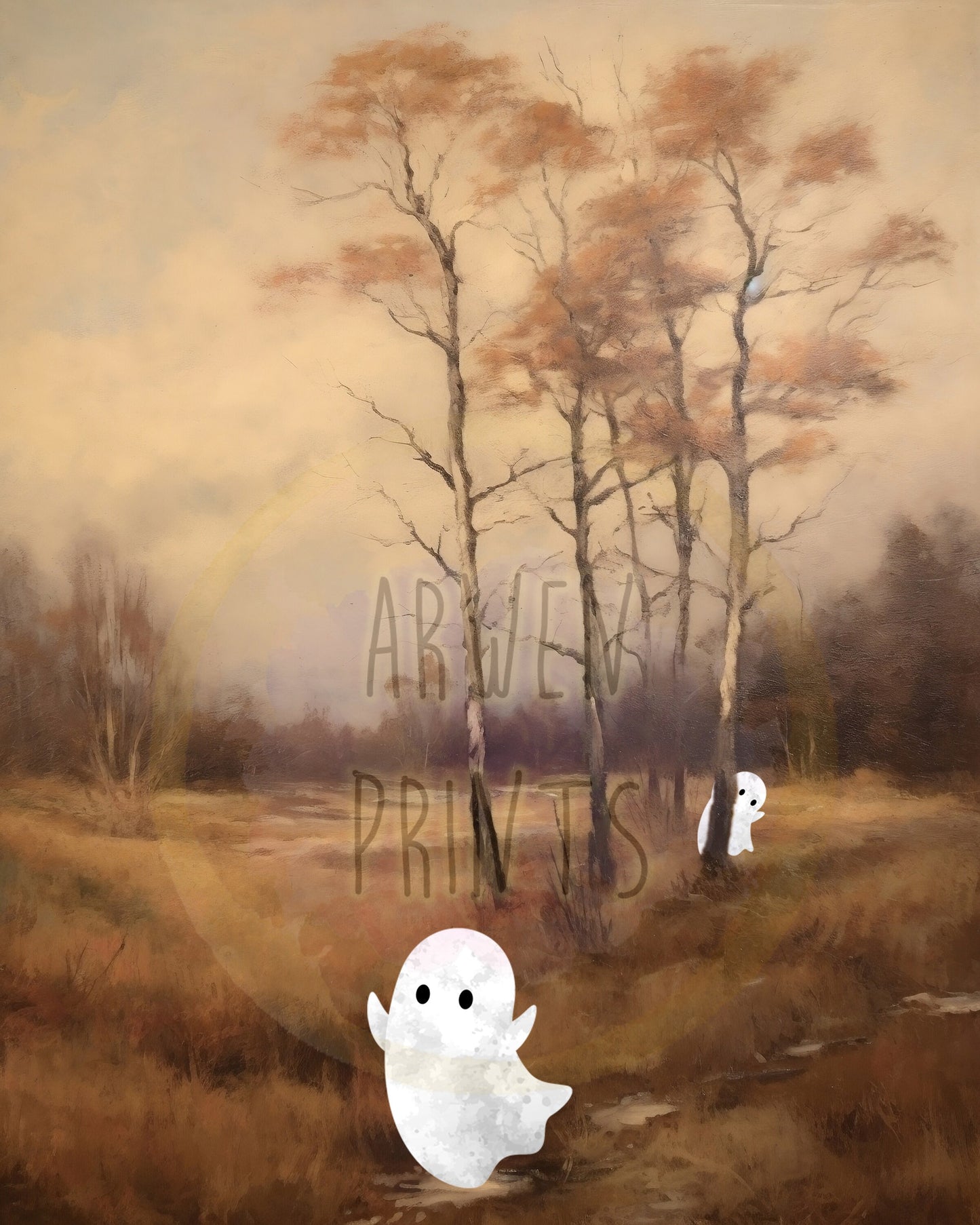 Halloween Cute Ghost In Field Wall Decor, Fall Decor, Halloween Boho Set of 6 Prints