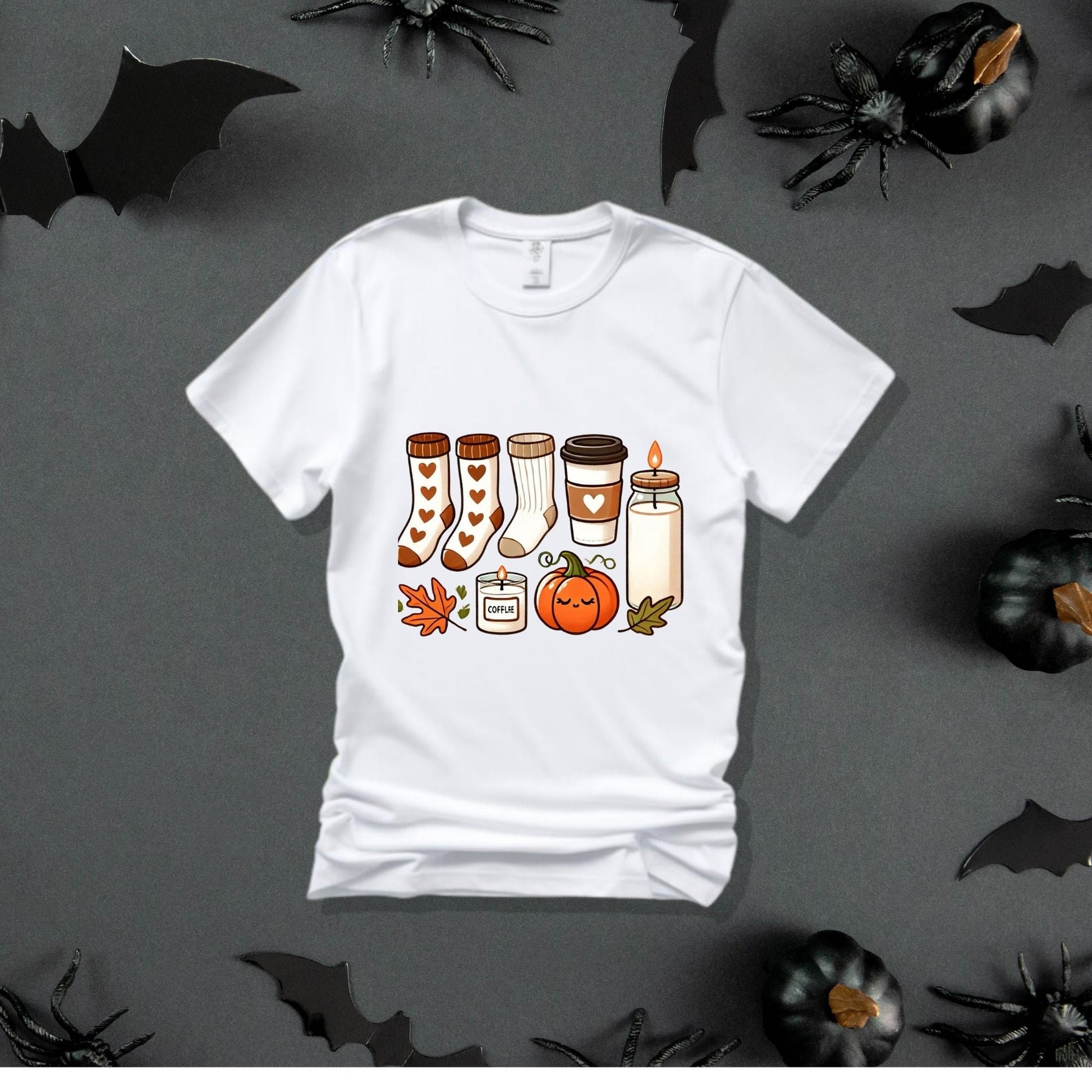 Pumpkin, Candle, Coffee & Leaf Print T-Shirt - Cute Halloween Shirt - Halloween Shirt - Trick or Treat Shirt, Pumpkin