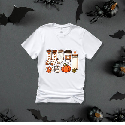 Pumpkin, Candle, Coffee & Leaf Print T-Shirt - Cute Halloween Shirt - Halloween Shirt - Trick or Treat Shirt, Pumpkin