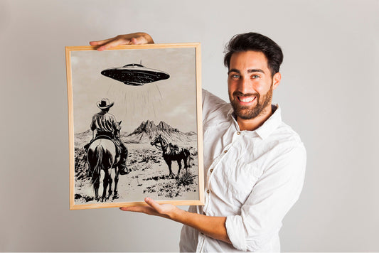 Vintage Western UFO Shirt, Retro Cowboy T-Shirt with Quirky Rodeo Design, Fun Wild West Sci-Fi Tee for Unisex Wear, Oversized Trendy Style.