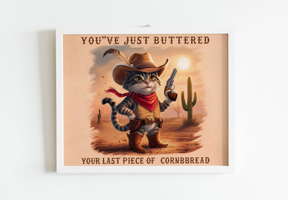 You've Just Buttered Your Last Cornbread, Yee'd Your Last Haw" Funny Cowboy Cat Shirt, Trendy Animal Tee with Sarcastic Western Cat Design.