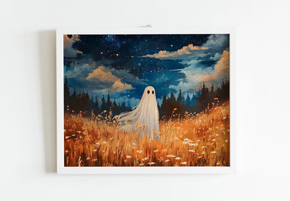 Enchanted Forest Meadow Ghost Print, Whimsical Halloween Decor, Fall Season Wall Art, Charming and Spooky Wall Art for a Magical Home