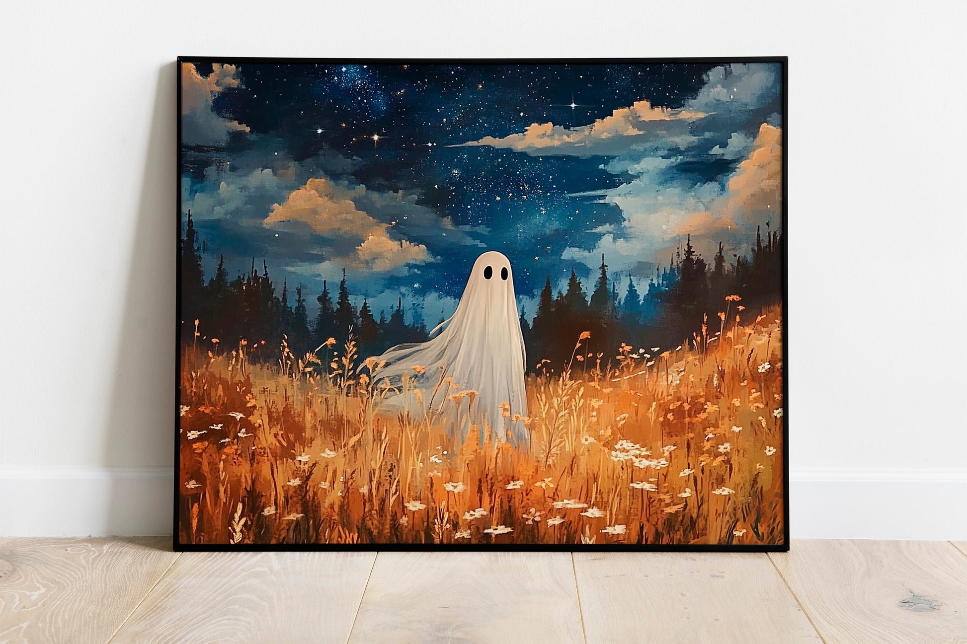 Enchanted Forest Meadow Ghost Print, Whimsical Halloween Decor, Fall Season Wall Art, Charming and Spooky Wall Art for a Magical Home