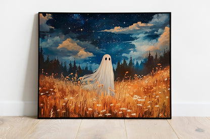Enchanted Forest Meadow Ghost Print, Whimsical Halloween Decor, Fall Season Wall Art, Charming and Spooky Wall Art for a Magical Home