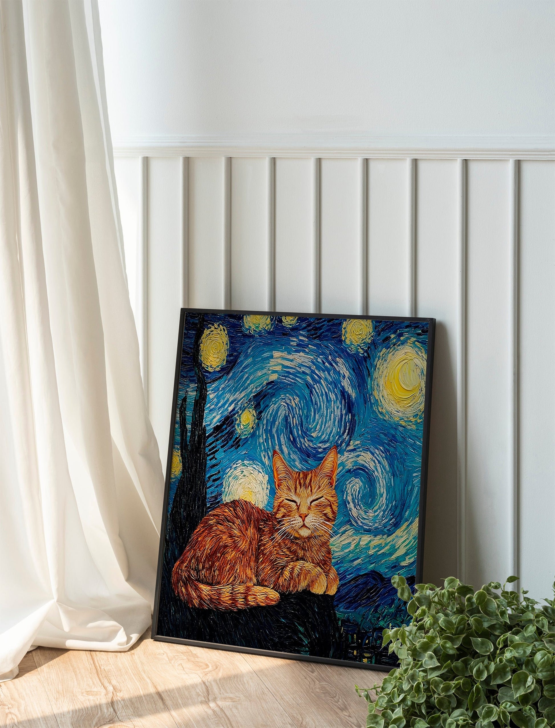 Vincent Van Gogh Cat Print, The Starry NightInspired Funny Black Cat Art, Humorous Cat Poster for Van Gogh Fans, Quirky Home Decor Gift Idea