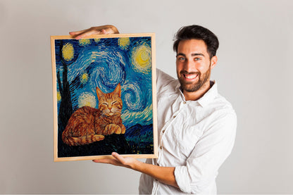 Vincent Van Gogh Cat Print, The Starry NightInspired Funny Black Cat Art, Humorous Cat Poster for Van Gogh Fans, Quirky Home Decor Gift Idea