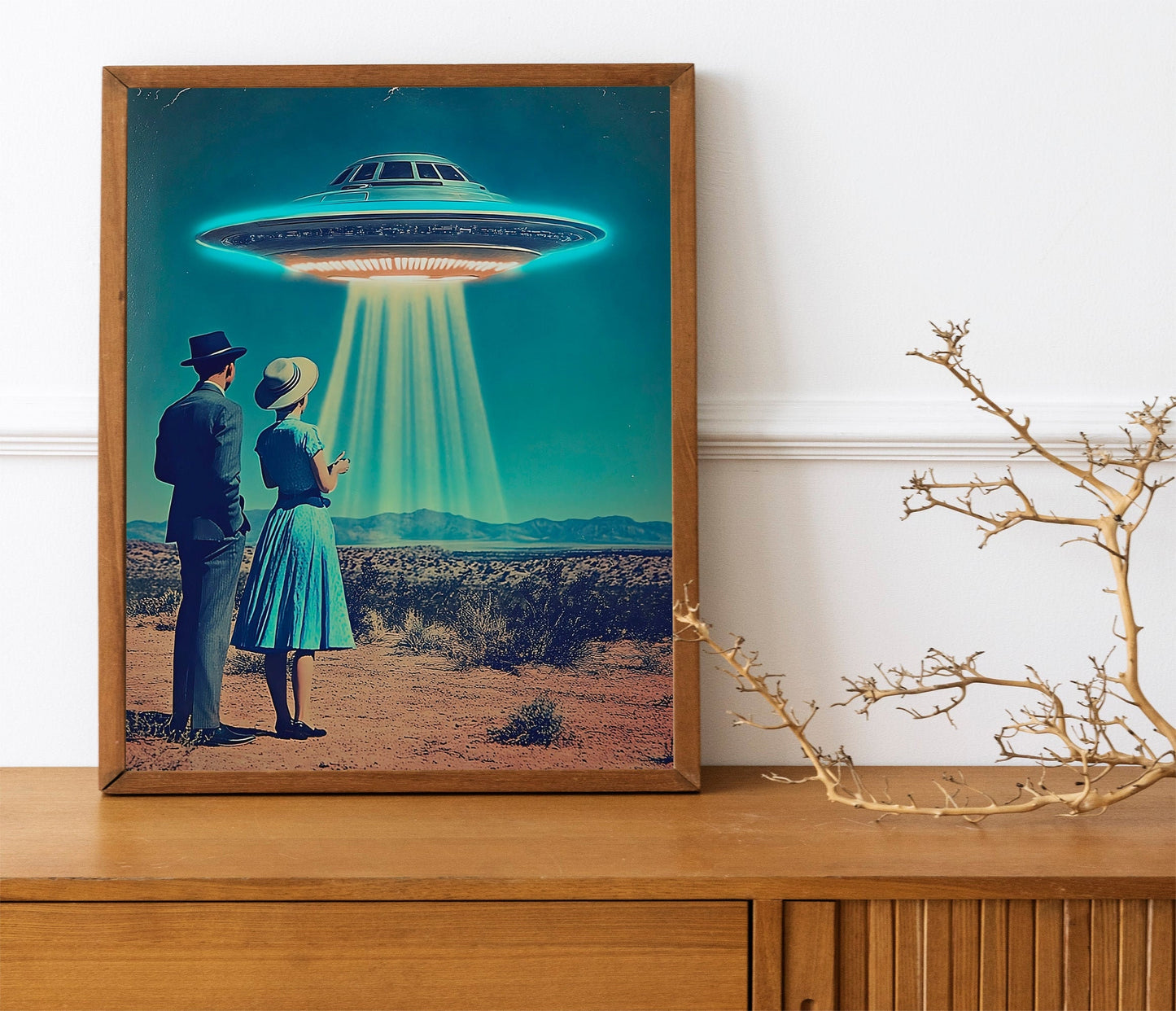 Desert Vacation UFO Poster, 1950s Inspired Mid-Century UFO Sighting Art, Atomic Age Sci-Fi Print for Retro Wall Decor, HighQuality Space Art
