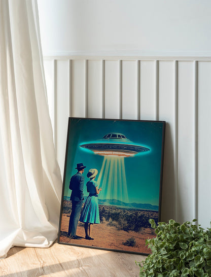 Desert Vacation UFO Poster, 1950s Inspired Mid-Century UFO Sighting Art, Atomic Age Sci-Fi Print for Retro Wall Decor, HighQuality Space Art