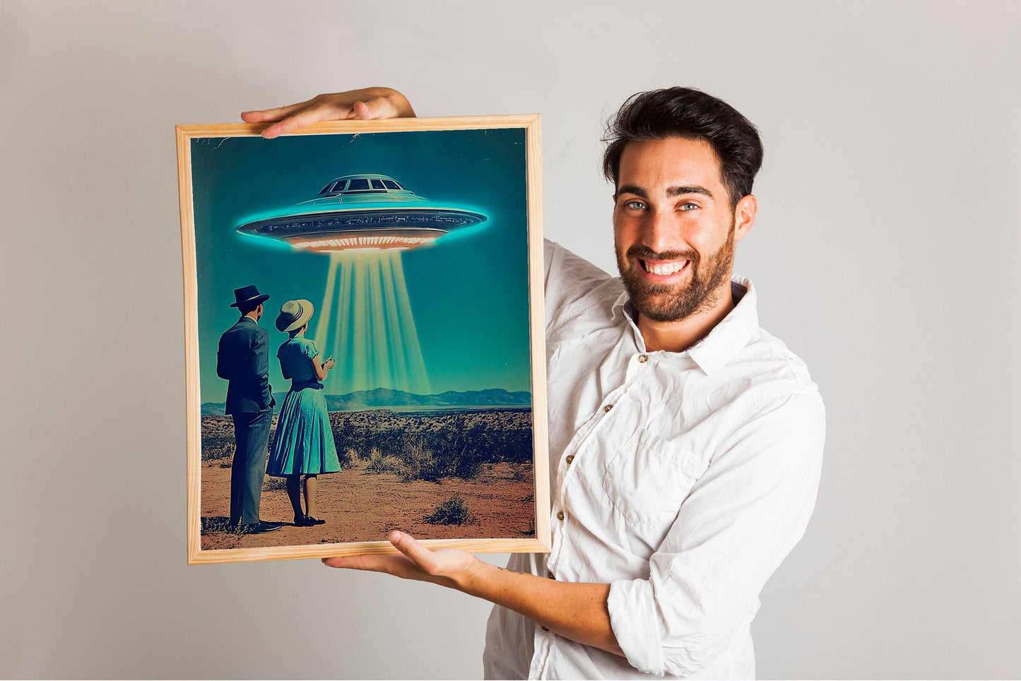 Desert Vacation UFO Poster, 1950s Inspired Mid-Century UFO Sighting Art, Atomic Age Sci-Fi Print for Retro Wall Decor, HighQuality Space Art