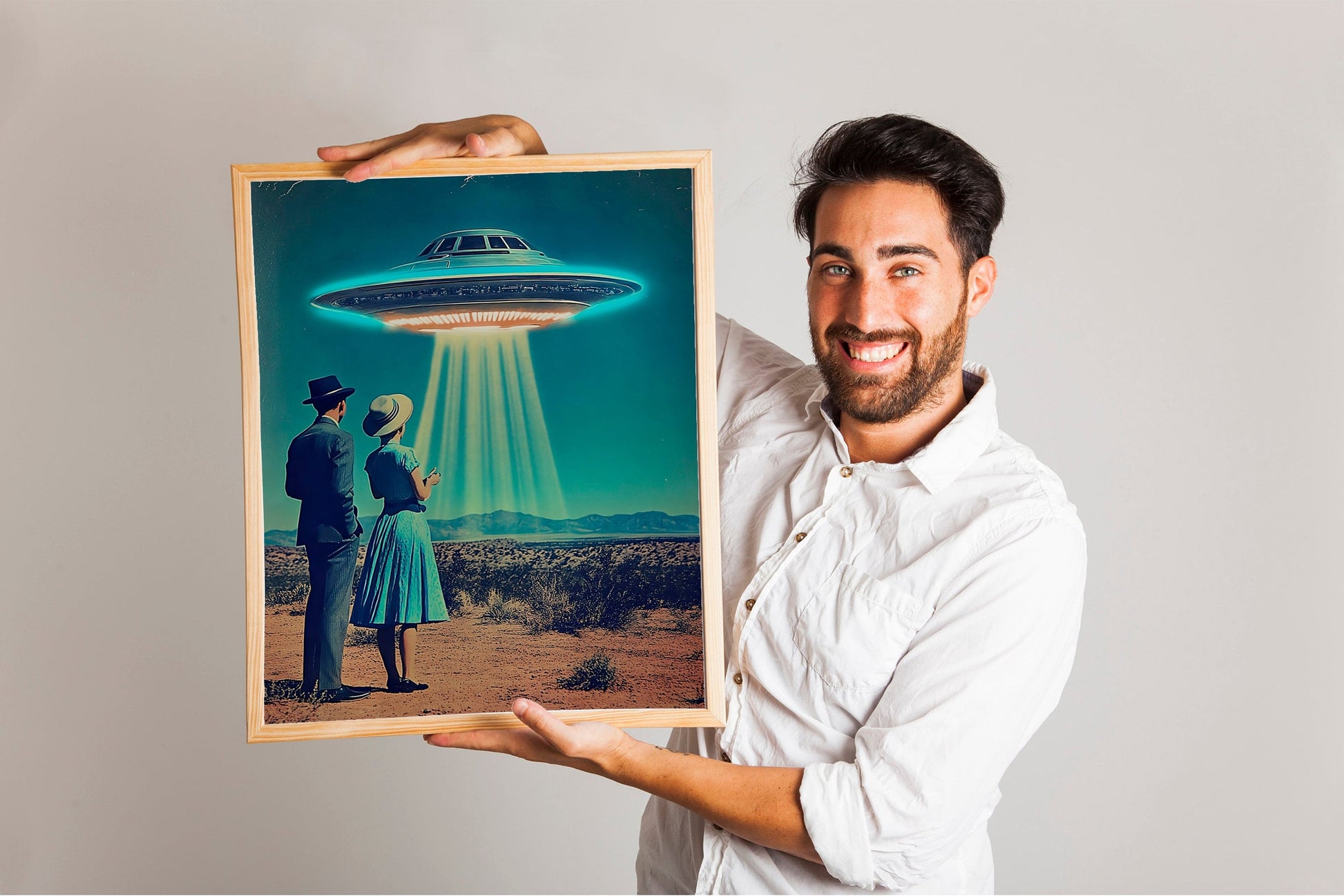 Desert Vacation UFO Poster, 1950s Inspired Mid-Century UFO Sighting Art, Atomic Age Sci-Fi Print for Retro Wall Decor, HighQuality Space Art