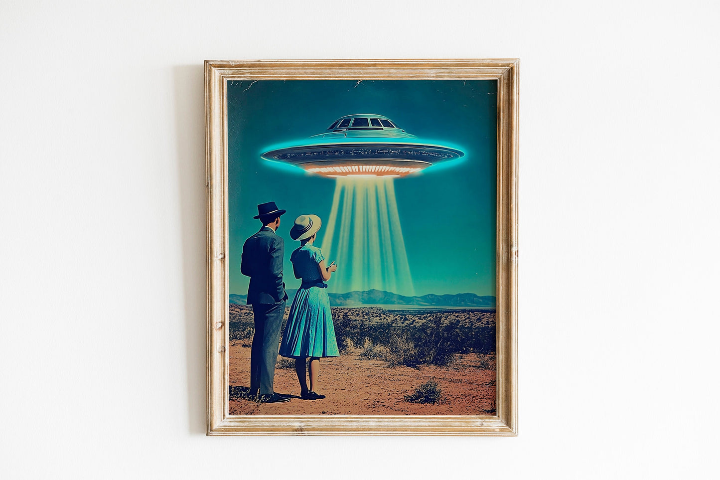 Desert Vacation UFO Poster, 1950s Inspired Mid-Century UFO Sighting Art, Atomic Age Sci-Fi Print for Retro Wall Decor, HighQuality Space Art