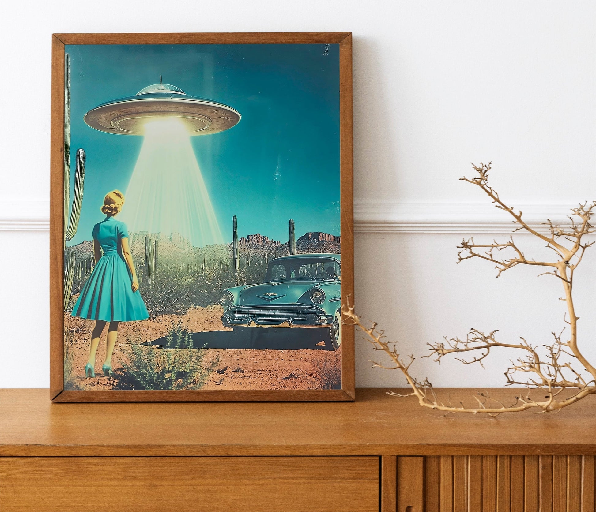 UFO Desert SciFi Wall Art, Girly Retro Alien Poster for Aesthetic Room Decor, Fun Printable Wall Art for Eclectic Spaces, HighQuality Print.