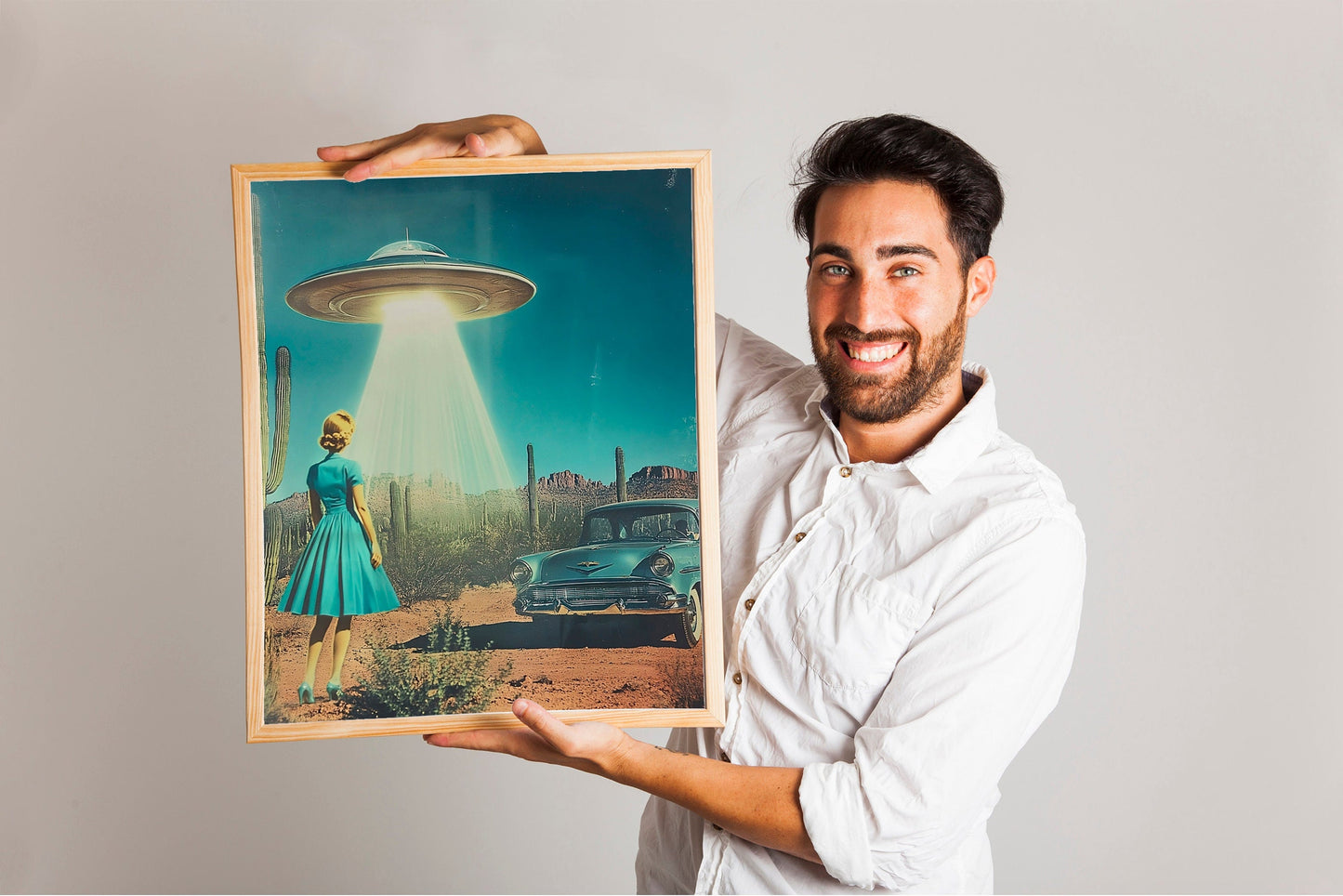 UFO Desert SciFi Wall Art, Girly Retro Alien Poster for Aesthetic Room Decor, Fun Printable Wall Art for Eclectic Spaces, HighQuality Print.