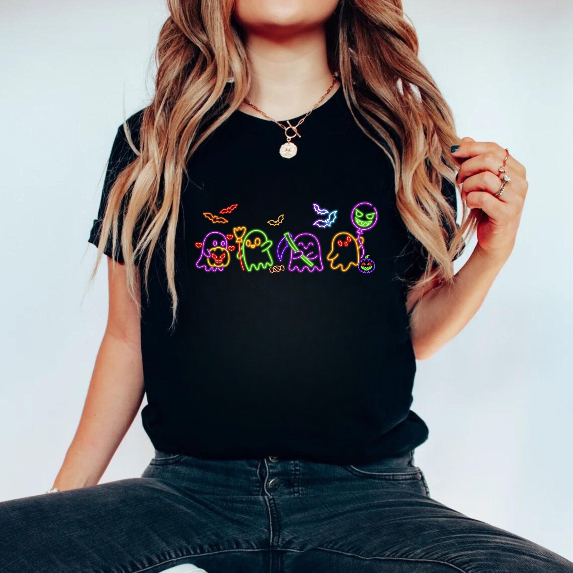 Halloween Neon Ghost Shirt - Halloween Ghost Shirt - Neon Lights Ghost Sweatshirt - Trendy Halloween Shirt