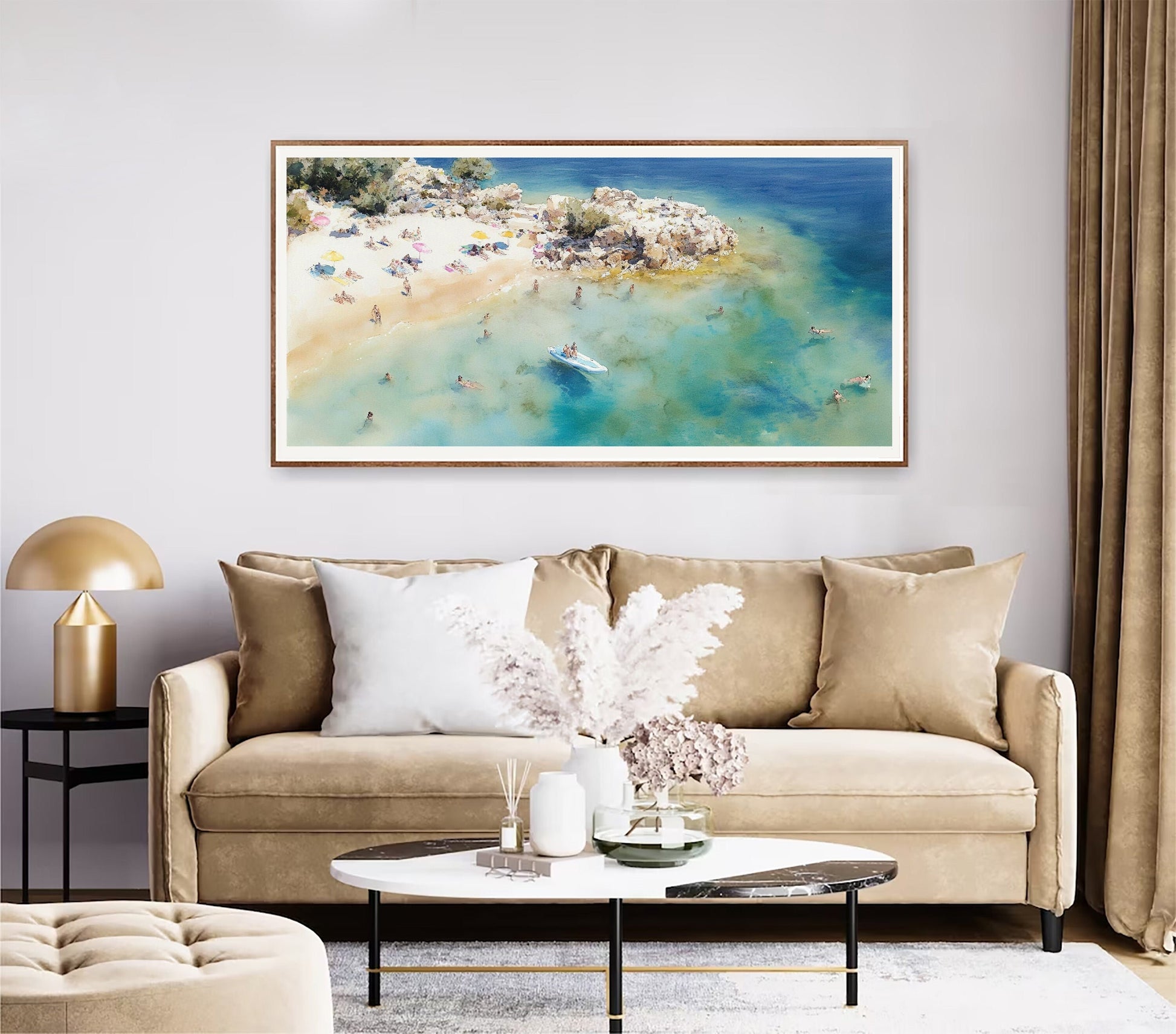 Pastel Beach Aerial Photography Print, Large Modern Framed Poster, Overhead Beach Art, Aesthetic Coastal Decor, Framed Wall Art for Living