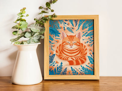 Ginger Cat and Floral Nursery Print, Playful Orange Kitten Art for Kids’ Rooms, Whimsical Animal Illustration for Baby Nursery Wall Decor