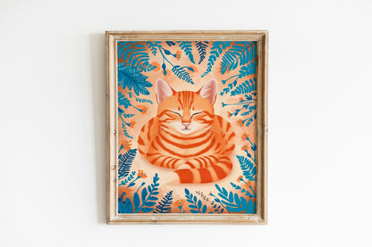 Ginger Cat and Floral Nursery Print, Playful Orange Kitten Art for Kids’ Rooms, Whimsical Animal Illustration for Baby Nursery Wall Decor