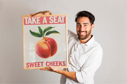 Take a Seat Sweet Cheeks" Bathroom Poster, Funny Toilet Printable Art, Retro Bathroom Decor with Peach Illustration, Quirky Wall Art for