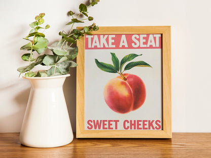 Take a Seat Sweet Cheeks" Bathroom Poster, Funny Toilet Printable Art, Retro Bathroom Decor with Peach Illustration, Quirky Wall Art for