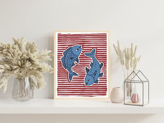 Retro Fish Wall Art Print, Vintage Lobster and Sardines Poster, Fun Sea Life Illustration for Kitchen Decor, Perfect for Food Lovers' Spaces