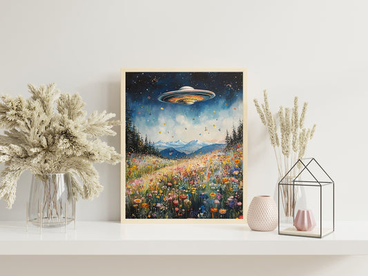 UFO Surreal Floral Art Print, Whimsical Alien Wall Decor with Wildflower Meadow Scene, Unique Cottagecore Landscape with UFO for Fun Home