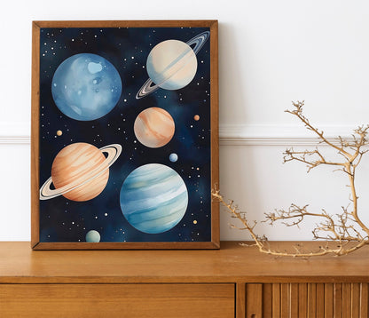 Space Kids Room Prints, Astronaut and Planets Wall Art Set of three for Outer SpaceThemed Rooms, Fun Watercolor Rocket Posters for Trendy