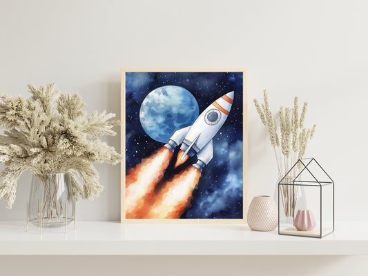 Space Kids Room Prints, Astronaut and Planets Wall Art Set of three for Outer SpaceThemed Rooms, Fun Watercolor Rocket Posters for Trendy