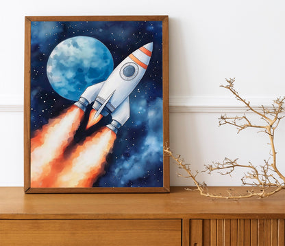 Space Kids Room Prints, Astronaut and Planets Wall Art Set of three for Outer SpaceThemed Rooms, Fun Watercolor Rocket Posters for Trendy