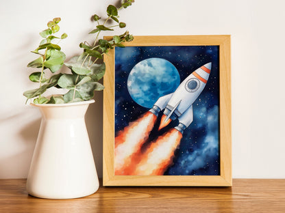 Space Kids Room Prints, Astronaut and Planets Wall Art Set of three for Outer SpaceThemed Rooms, Fun Watercolor Rocket Posters for Trendy
