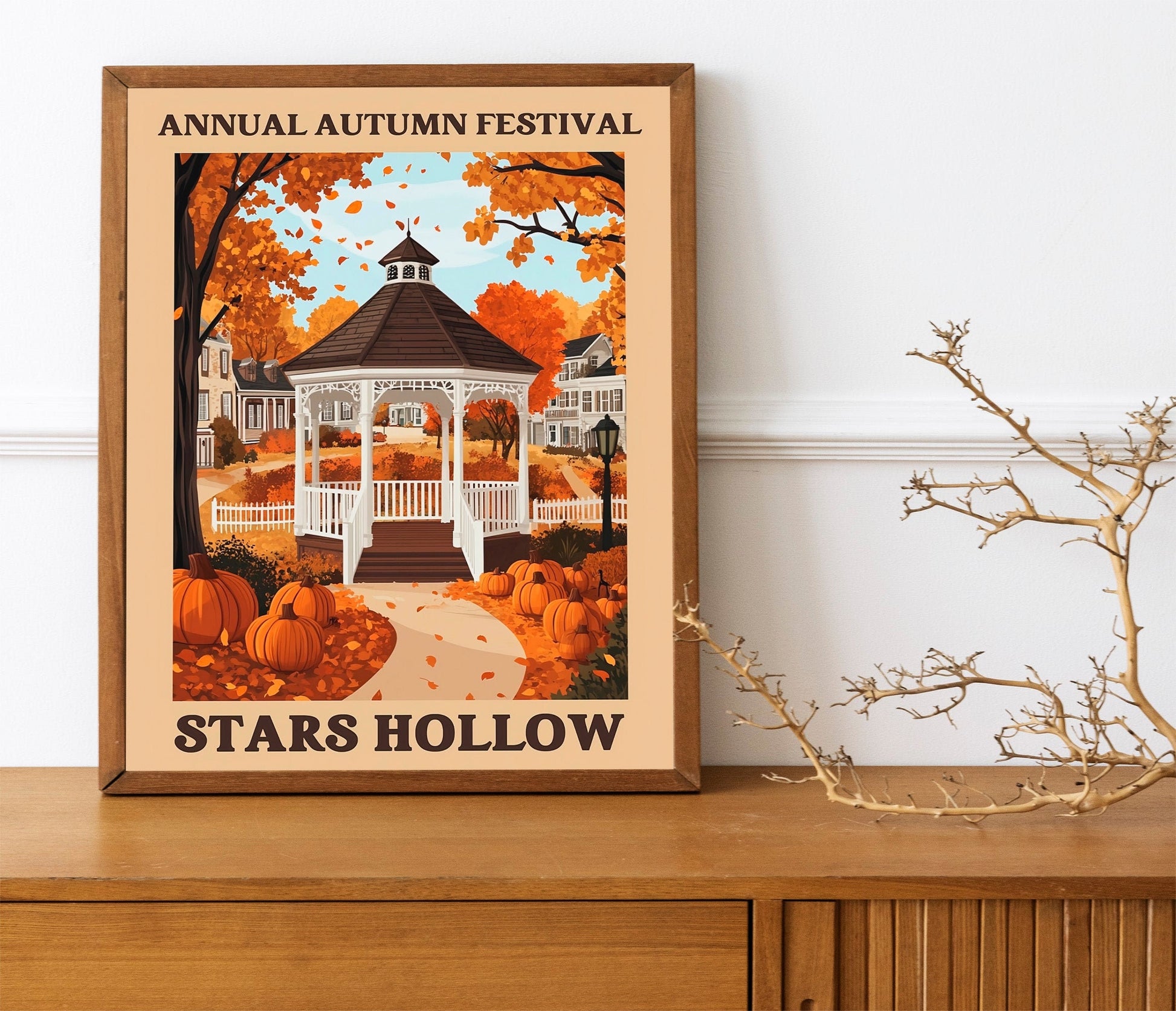 Set of two, Stars Hollow Poster, Flat Illustration Print Inspired by Gilmore Girls, Cute Window Shop Scene, FallThemed Art for Cozy
