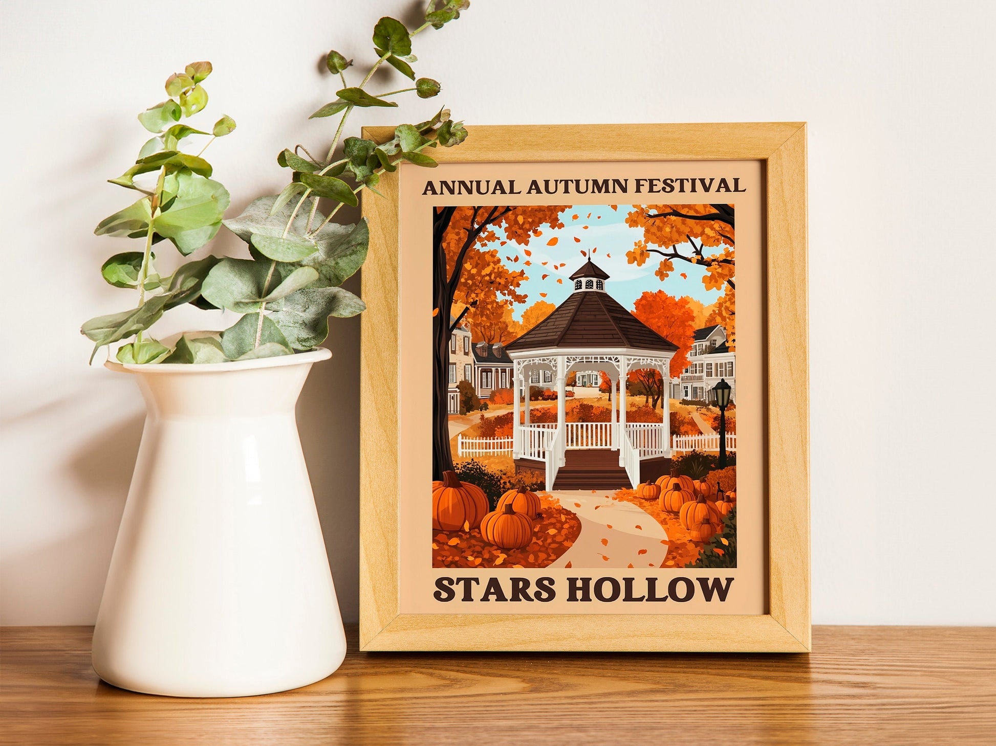 Set of two, Stars Hollow Poster, Flat Illustration Print Inspired by Gilmore Girls, Cute Window Shop Scene, FallThemed Art for Cozy